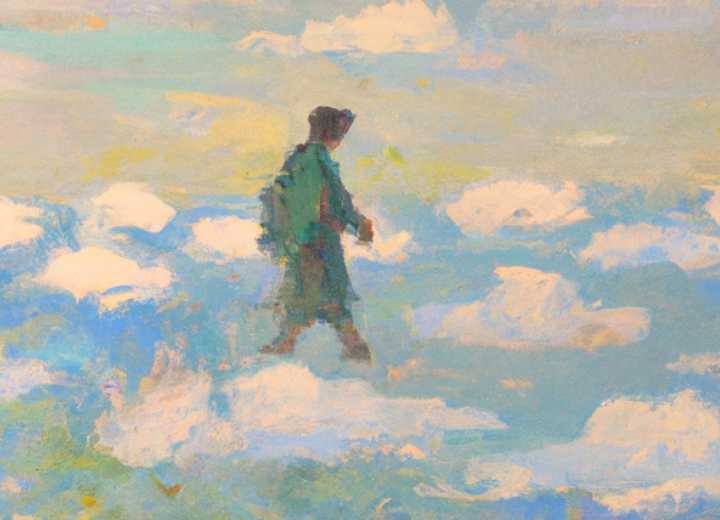 DALL E 2023 04 14 11 49 23 an oil painting by Monet of a person walking on clouds next to green turtles