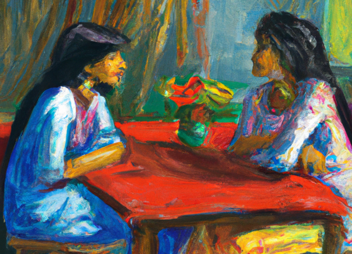 DALL E 2023 05 25 10 27 34 a Van Gogh style painting of two women sitting directly across a table from each other talking