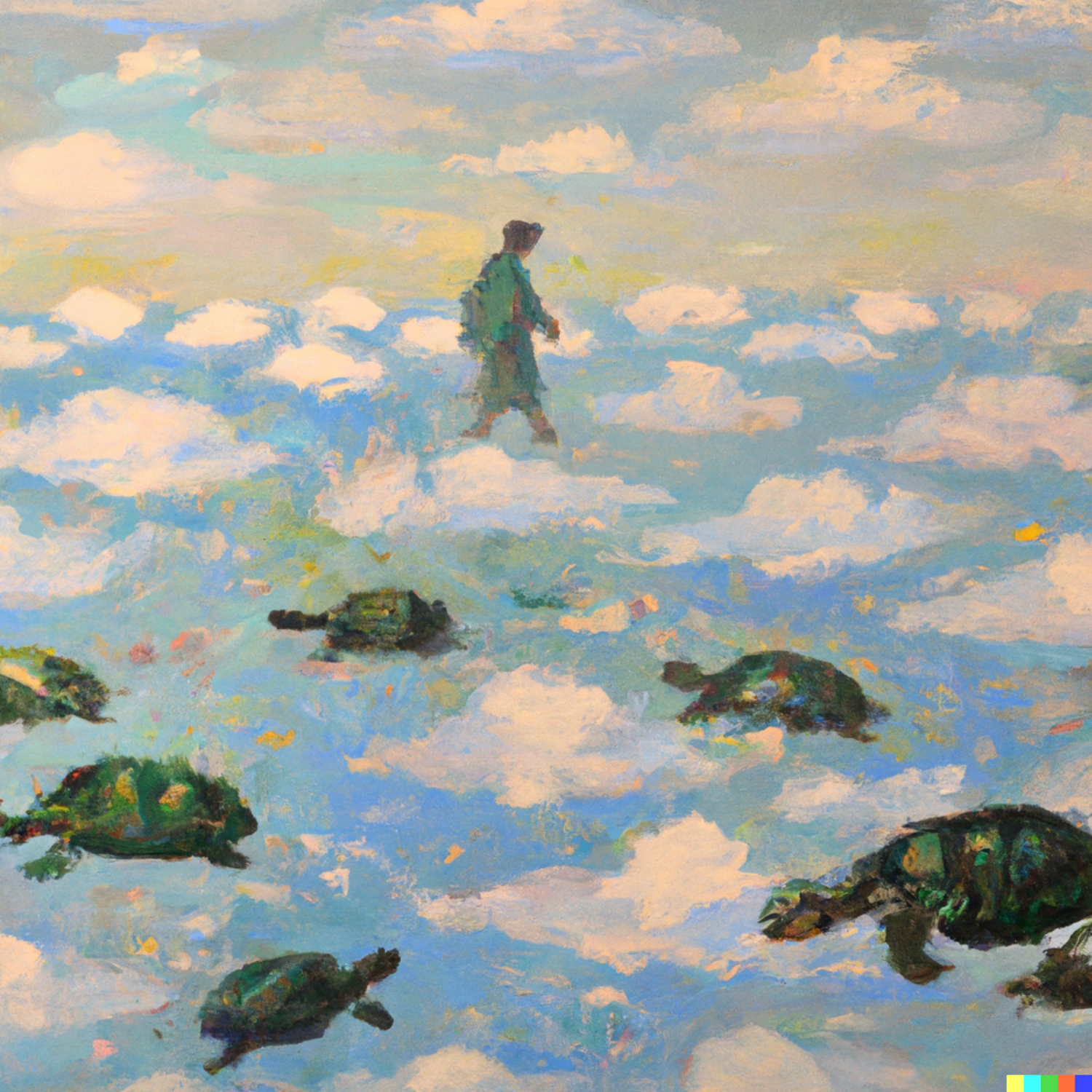 DALL E 2023 04 14 11 56 45 an oil painting by Monet of a person walking on clouds next to green turtles