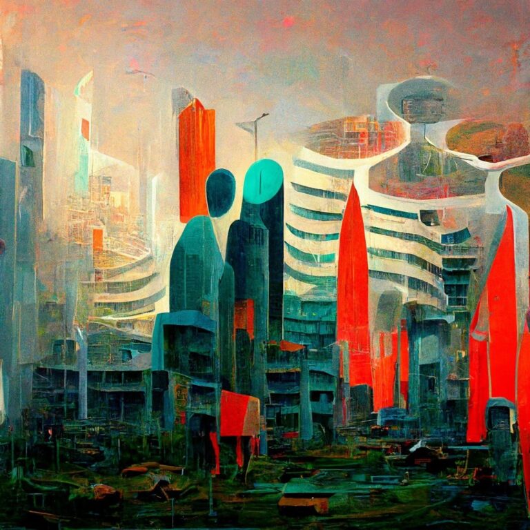 An abstract painting of humans living in a future city 1