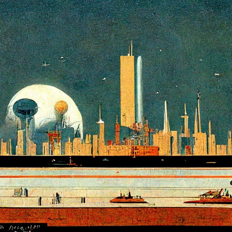 A Norman Rockwell painting of a strange futuristic city skyline 2