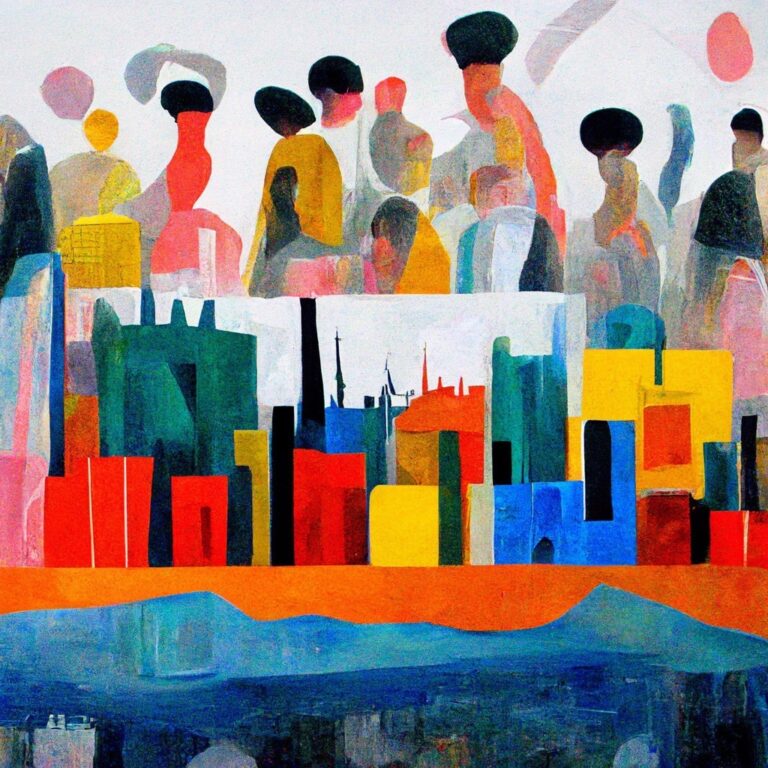 An abstract painting of a thriving future city full of diverse people